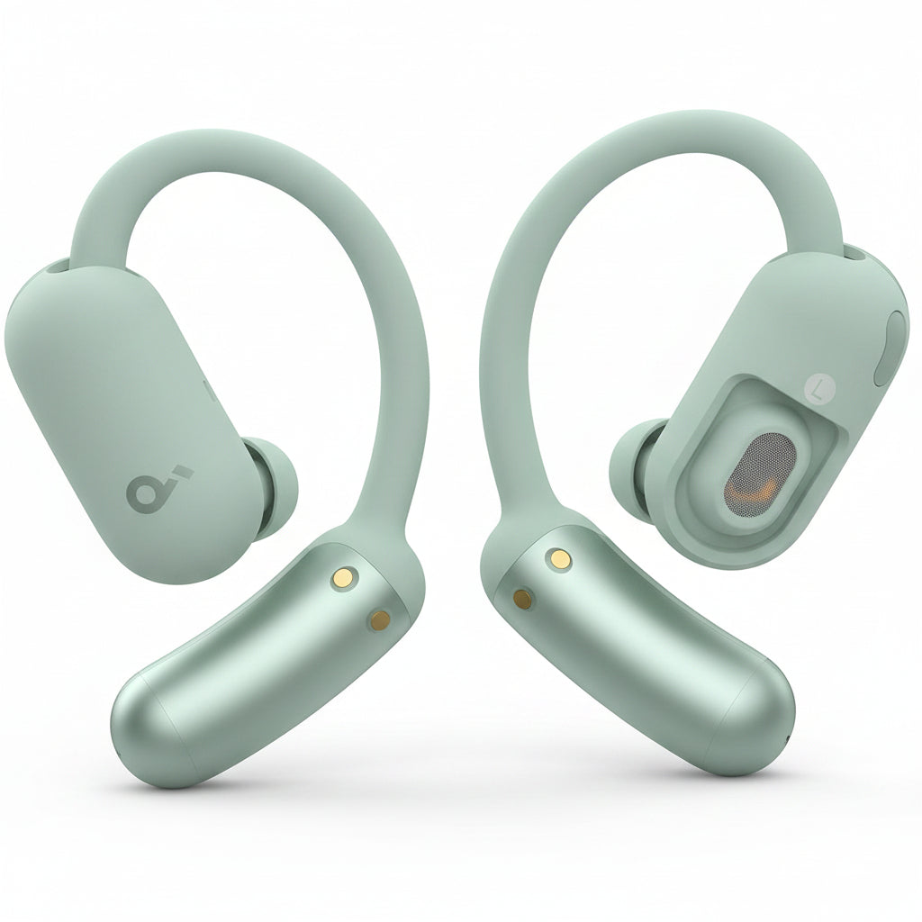 Pair of green wireless earbuds on a white background