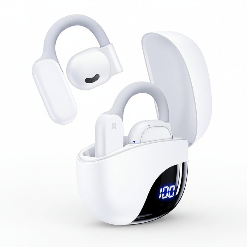 White wireless ai translator earbuds with charging case on a white  background
