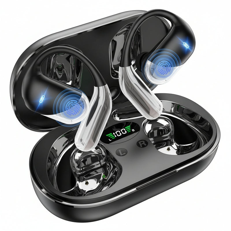 Wireless earbuds with charging case on a white background