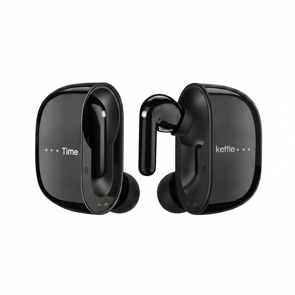 Black wireless ai translator earbuds with charging case on a white background, featuring the brand 'kettle'.