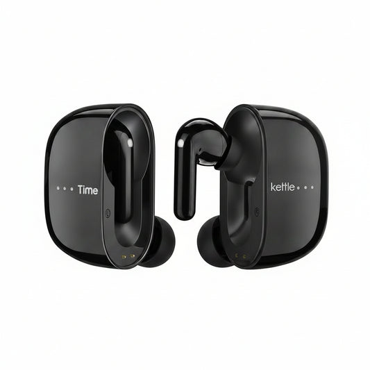 Black wireless ai translator earbuds with charging case on a white background, featuring the brand 'kettle'.