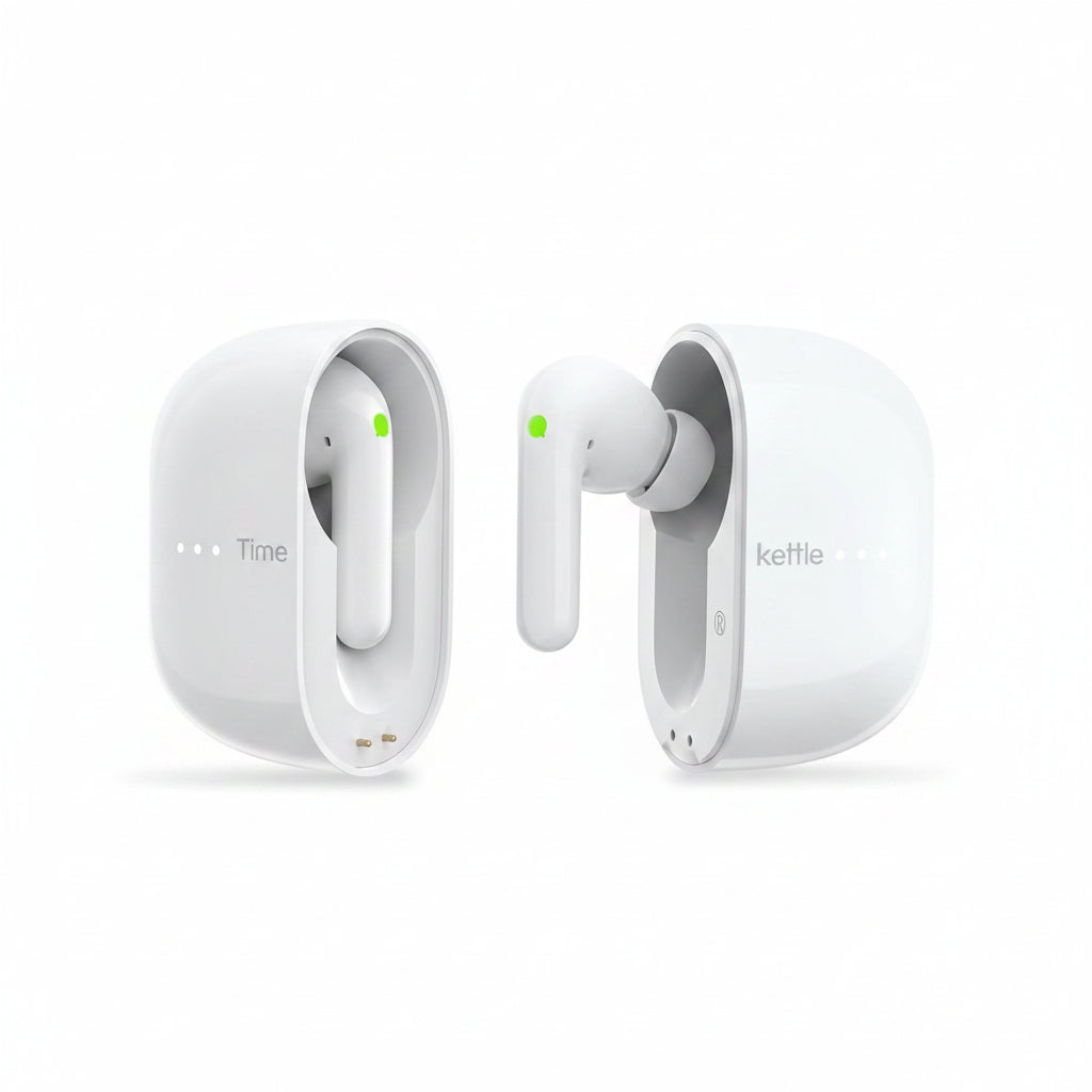 White wireless ai translator earbuds with charging case on a white background