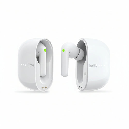 White wireless ai translator earbuds with charging case on a white background