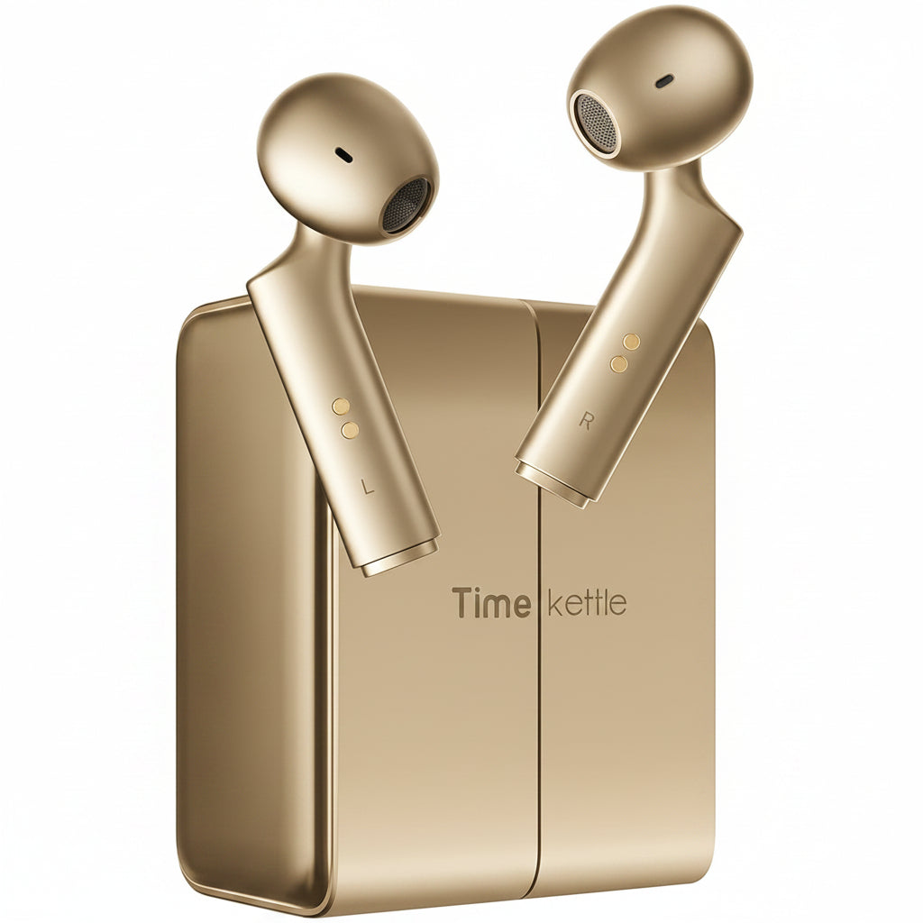 A pair of metallic champagne-gold wireless earbuds floating above their matching rectangular charging case, with the text 'Time kettle' printed on the front.