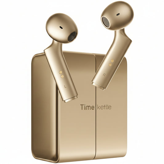 A pair of metallic champagne-gold wireless earbuds floating above their matching rectangular charging case, with the text 'Time kettle' printed on the front.