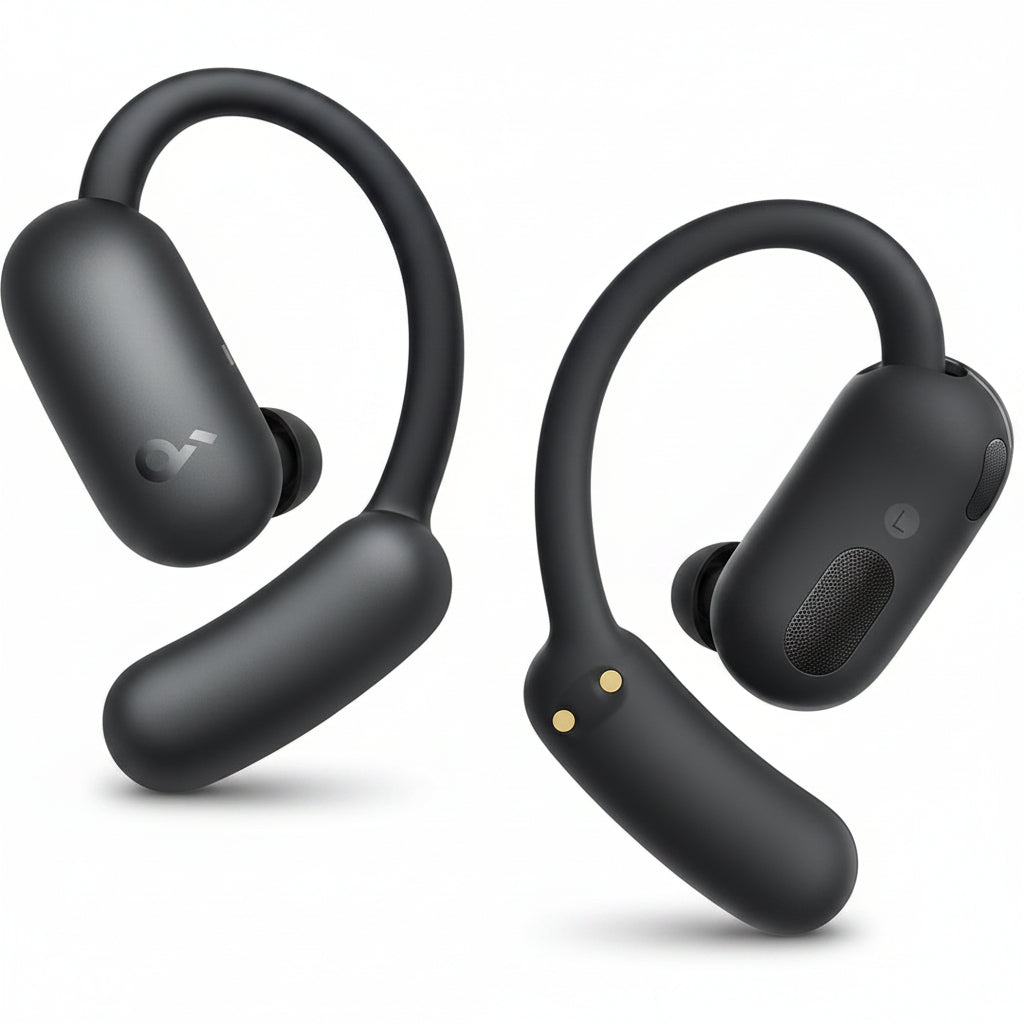 Black wireless ai translator earbuds on a white background