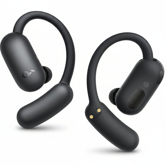 Black wireless ai translator earbuds on a white background
