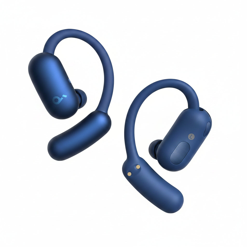 Blue wireless earbuds on a white background