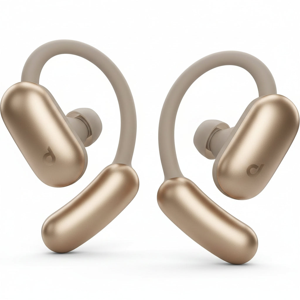 Pair of beige wireless ai translator earbuds on a white background